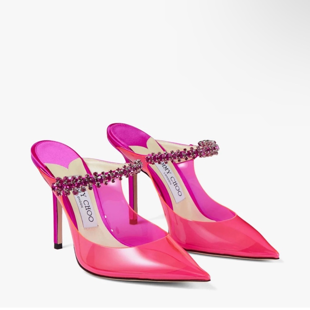 New! Jimmy Choo Bing 100mm Hot Pink Neon Plexi Mules With Crystal Strap Size 41